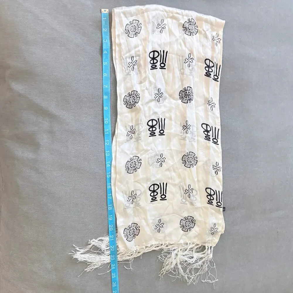 100% Silk Cream Black Fringe Scarf Chinese Inspired Print